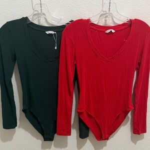 Mango V-Neck Long Sleeve Bodysuit - Black and Red Two both red and green!
